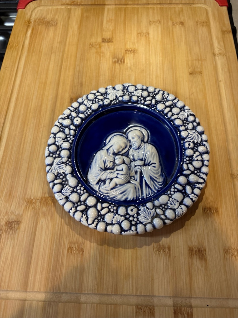 Blue and White Ceramic Holy Family Relief Plate -vintage 1981 signed